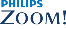 The image shows a logo with the text PHILIPS ZOOM above a stylized depiction of a magnifying glass, set against a blue background with white lettering.