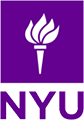The image displays a logo with a purple background featuring a stylized flame on the left side and a torch with an olive branch wrapped around it, above which is the text NYU in capital letters.