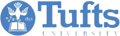The image shows a logo with text that reads TUFTS UNIVERSITY SCHOOL OF THE ARTS against a blue background, featuring a white bird at the top left corner of the logo.