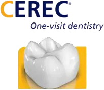 The image shows a logo with the text CEREC above a graphic of a tooth, accompanied by the tagline ONE-VISIT DENTISTRY.